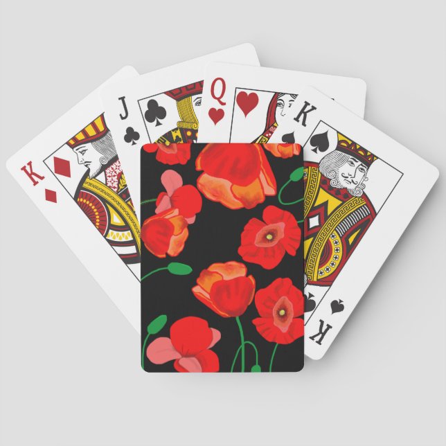 Red poppies on black background illustration  poker cards (Back)