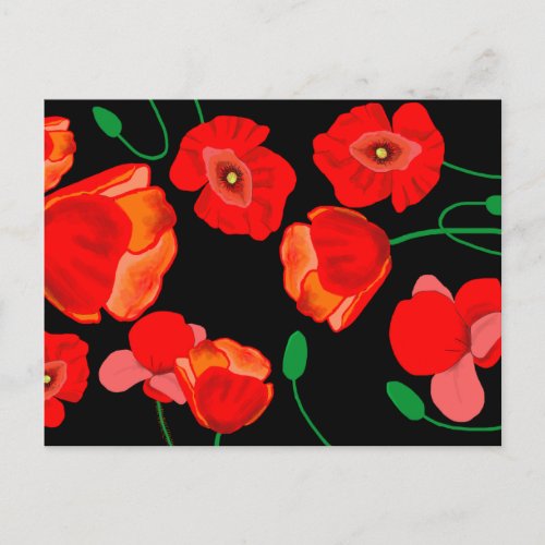 Red poppies on black background illustration  postcard