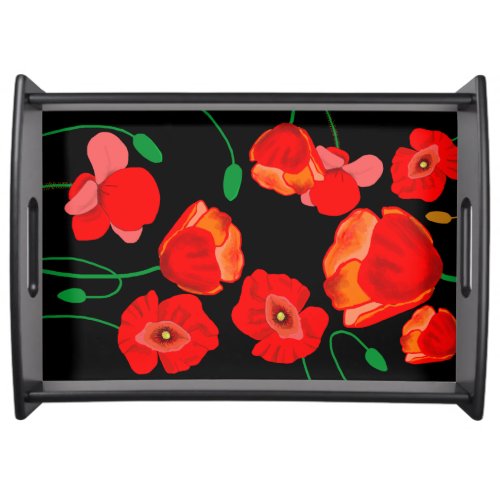 Red poppies on black background illustration  serving tray