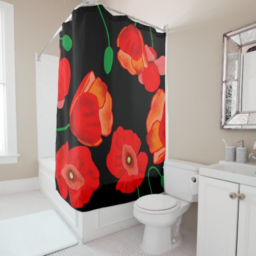 Red poppies on black background illustration  shower curtain
