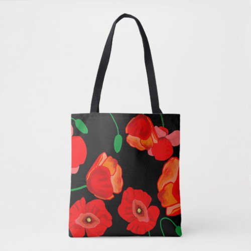 Red poppies on black background illustration  tote bag