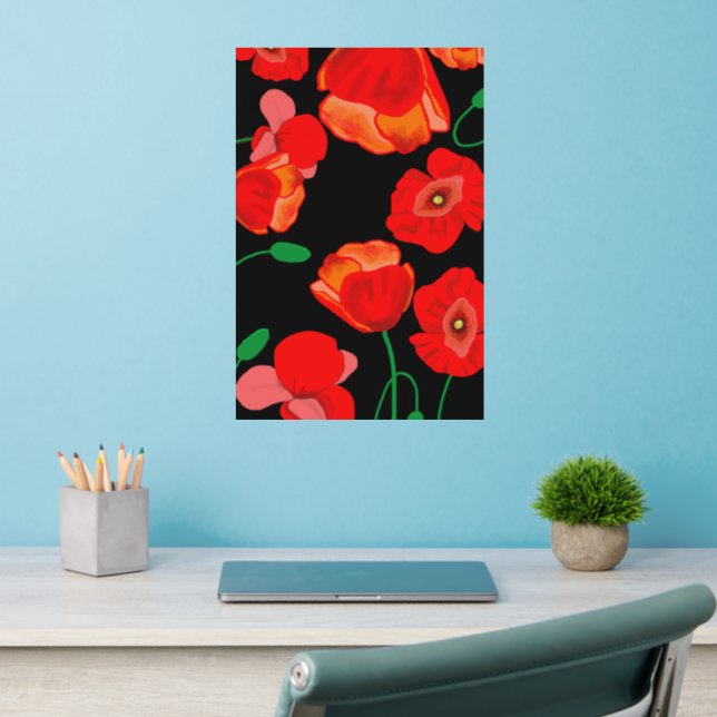 Red poppies on black background illustration  wall decal  (Home Office 2)