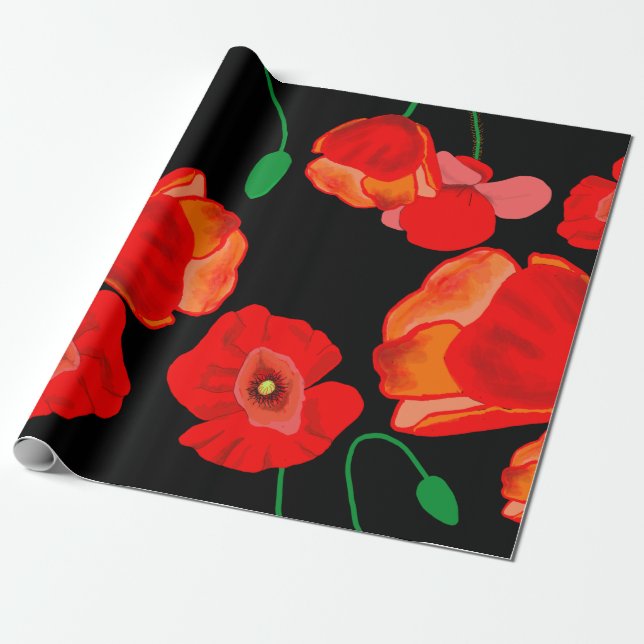 Red poppies on black background illustration  wrapping paper (Unrolled)