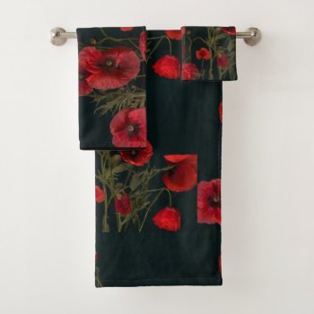 Red Poppies On Black Bath Towel Set