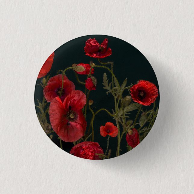 Red Poppies On Black  Button (Front)
