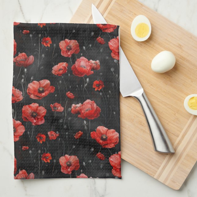 Red poppies on black kitchen towel (Quarter Fold)