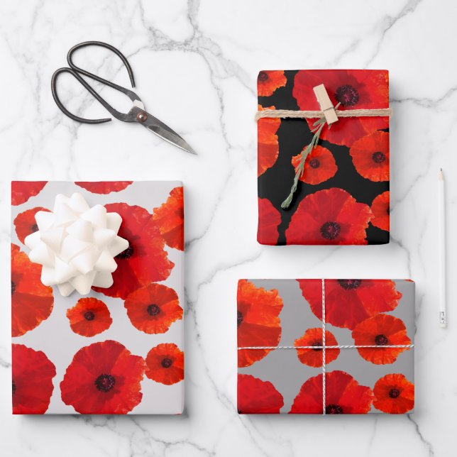 Red Poppies on Black n Gray  Wrapping Paper Sheets (Front)