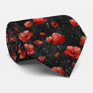 Red poppies on black neck tie