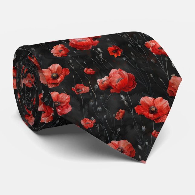 Red poppies on black neck tie (Rolled)