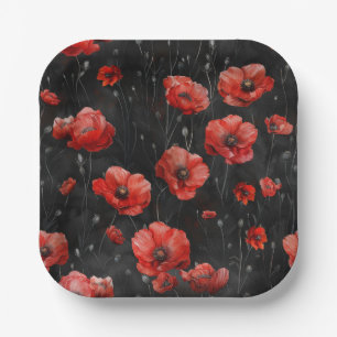 Red poppies on black paper plates