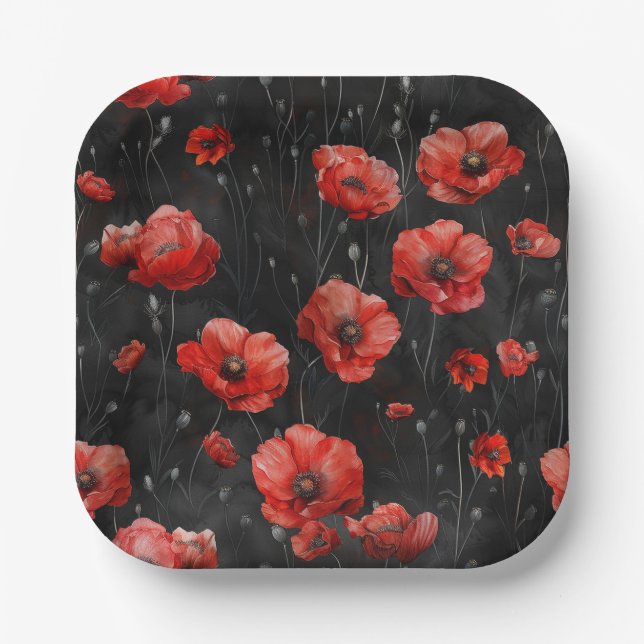Red poppies on black paper plates (Front)