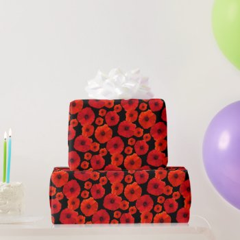 Red Poppies On Black Patterned Birthday Wrapping Paper by BlueHyd at Zazzle
