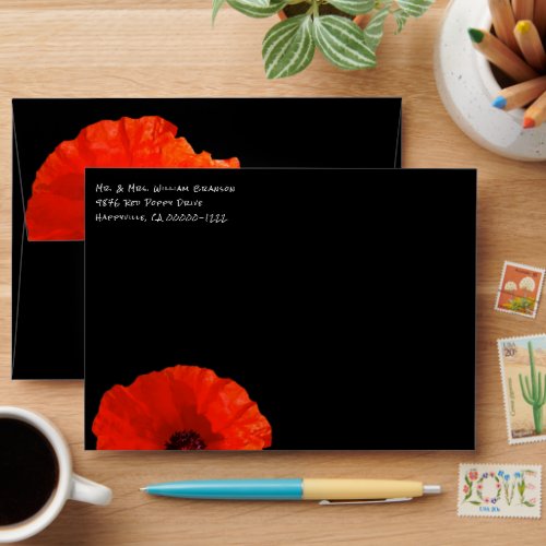 Red Poppies on Black Return Address Template Envelope