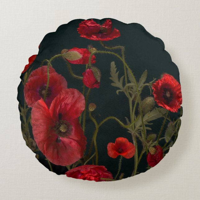 Red Poppies On Black Round Pillow (Front)