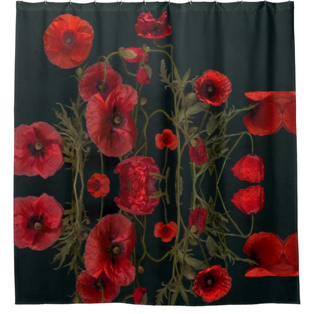 Red Poppies On Black Shower Curtain (Front)