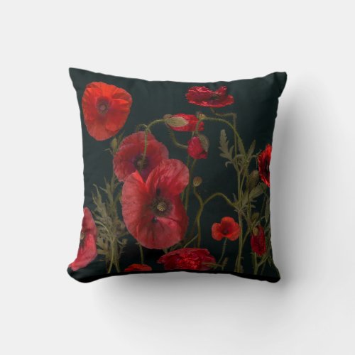 Red Poppies On Black Throw Pillow