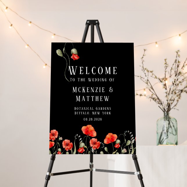  Red Poppies On Black Wedding Welcome Sign (In Situ (Stand))