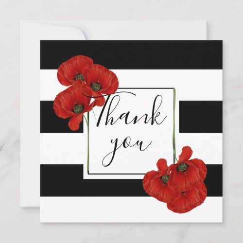 Red Poppies on Black  White Striped Background