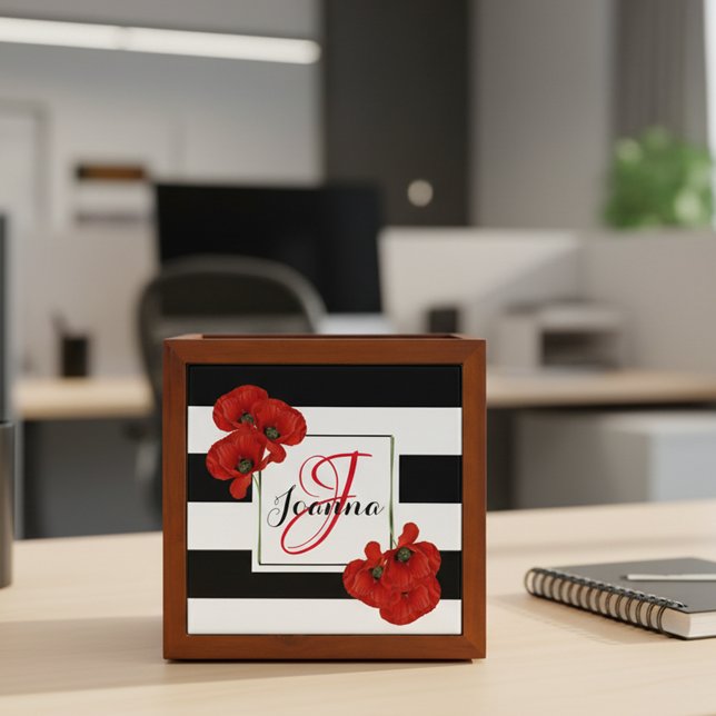 Red Poppies on Black & White Striped Background Desk Organizer (Creator Uploaded)