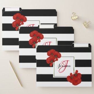 Red Poppies on Black & White Striped Background File Folder