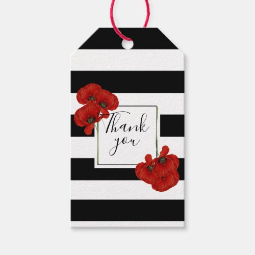 Red Poppies on Black  White Striped Background Gift Tags