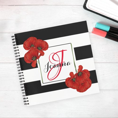 Red Poppies on Black  White Striped Background Notebook