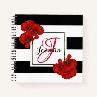 Red Poppies on Black & White Striped Background Notebook