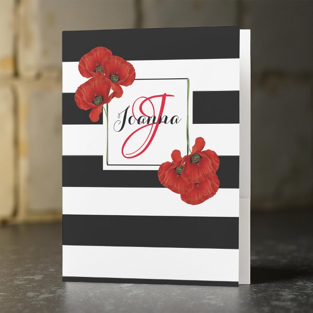 Red Poppies on Black & White Striped Background Pocket Folder (Creator Uploaded)