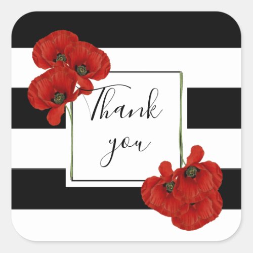 Red Poppies on Black  White Striped Background Square Sticker