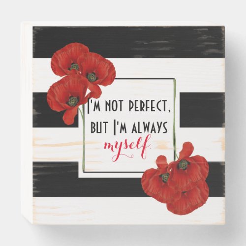 Red Poppies on Black  White Striped Background Wooden Box Sign