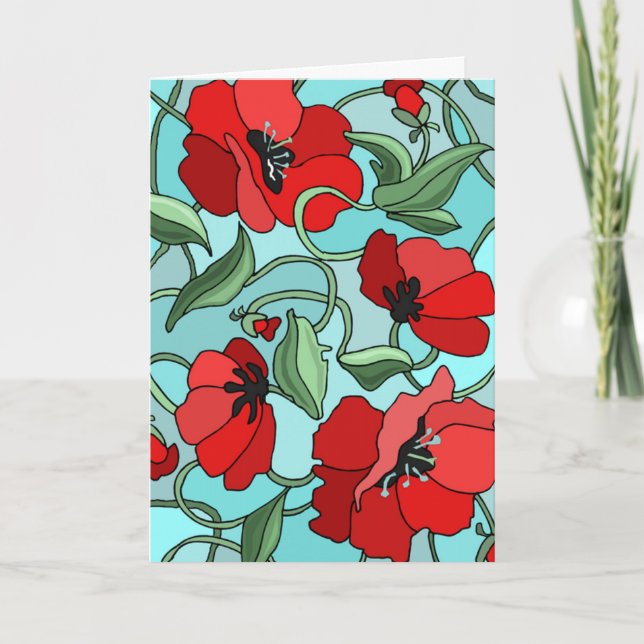 Red Poppies on Blue Mothers Day Card (Front)