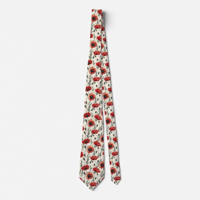 Red Poppies on Cream Neck Tie (Front)