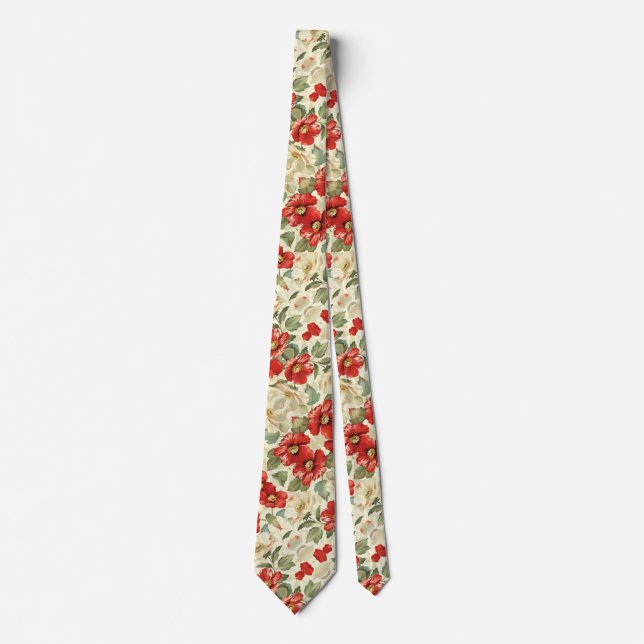 Red Poppies on Cream Neck Tie (Front)
