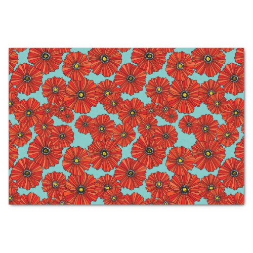 red poppies on dusty turquoise tissue paper