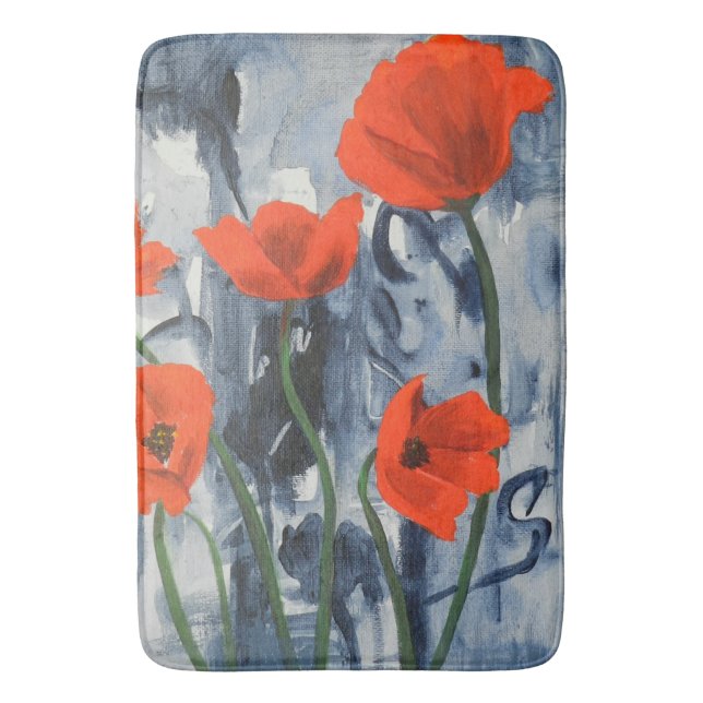Red Poppies on Gray Bath Mat (Front Vertical)