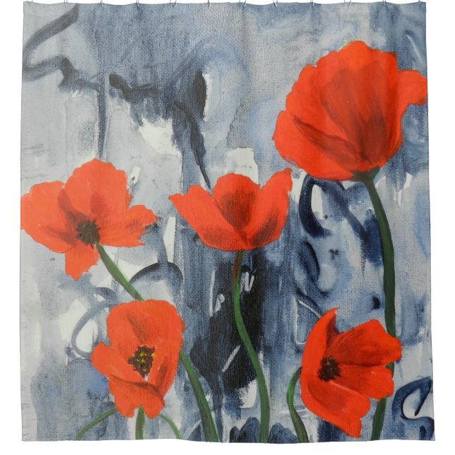Red Poppies on Gray Shower Curtain (Front)