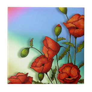 Red Poppies on Multi-Color Background: Art Tile