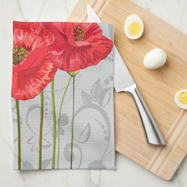 Red Poppies on Whimsical Gray Floral Kitchen Towel (Quarter Fold)