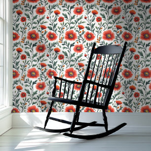 Red Poppies on White Background Floral Wallpaper