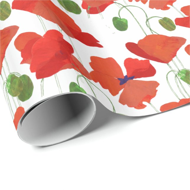 Red Poppies on White Background to Customize Wrapping Paper (Roll Corner)