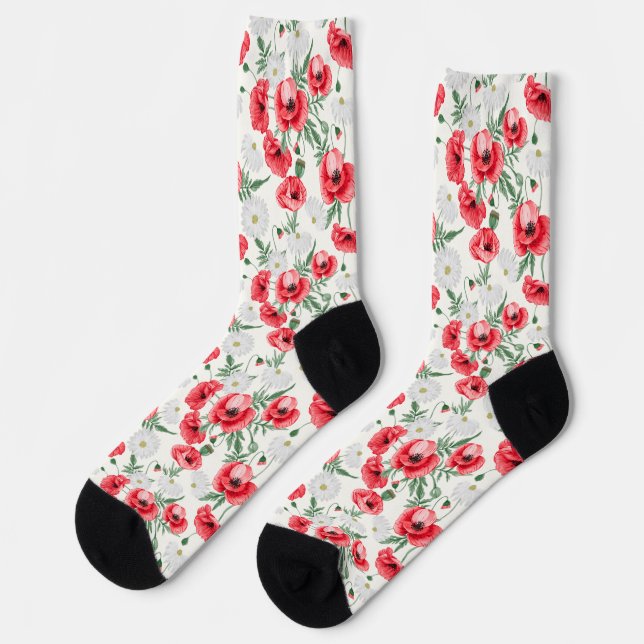 Red poppies on white, floral socks (Left)