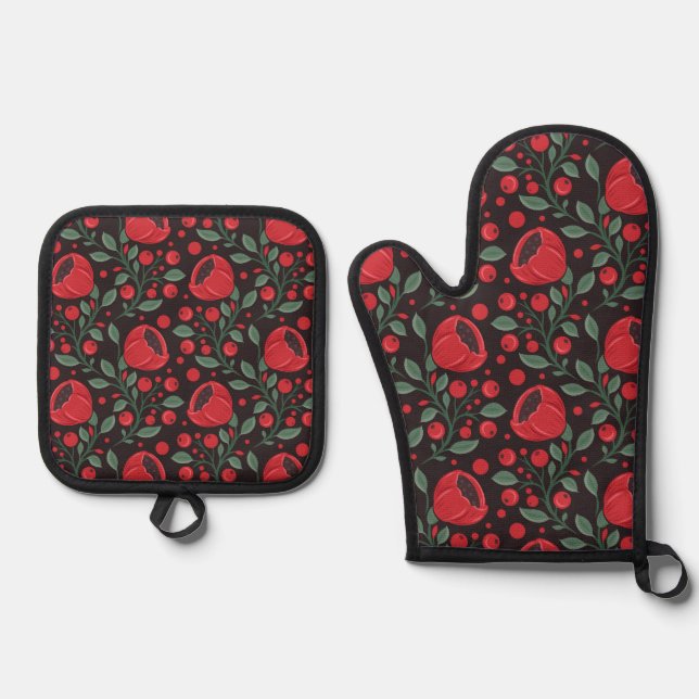 Red poppies oven mitt & pot holder set (Front)