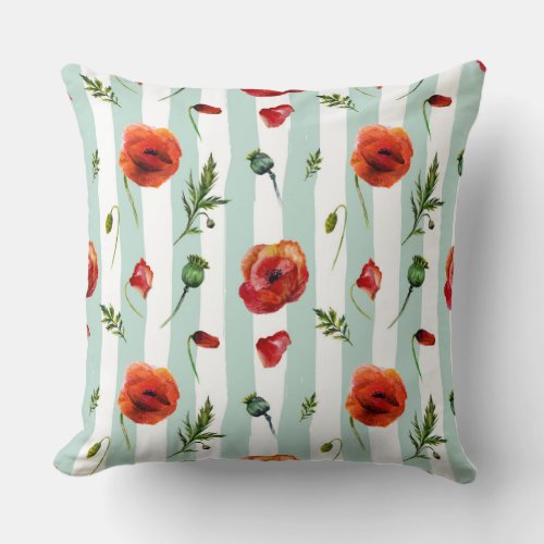 Red Poppies  Pastel Blue Stripes Modern Pattern Throw Pillow