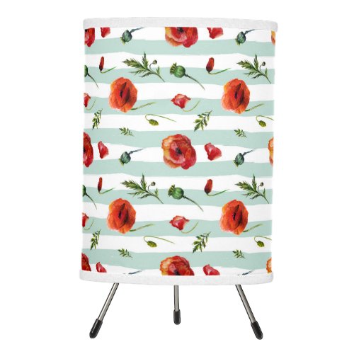 Red Poppies  Pastel Blue Stripes Pattern Tripod Lamp