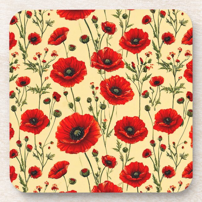 Red poppies pattern beverage coaster (Front)