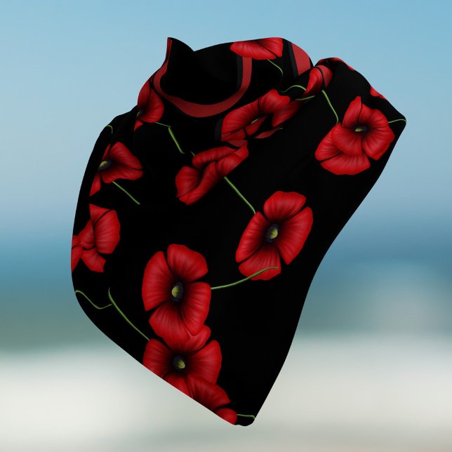 Red Poppies Pattern Monogram Black Bandana (A pretty poppy patterned red and black floral banana with space for your initial)