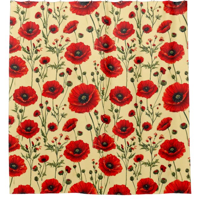 Red poppies pattern shower curtain (Front)