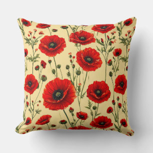 Red poppies pattern throw pillow