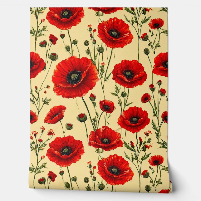 Red poppies pattern wallpaper  (Unrolling)