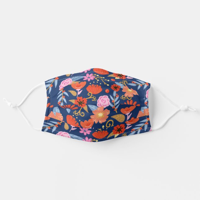 Red Poppies & Pink & Blue Floral Botanical Pattern Adult Cloth Face Mask (Front, Unfolded)